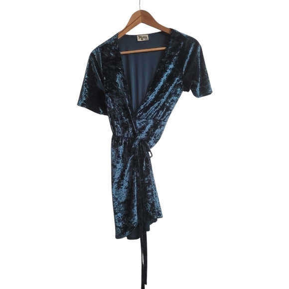 Show Me Your MuMu Velvet Short Sleeve Wrap Mini Dress Size XS Teal Blue USA - Picture 2 of 4